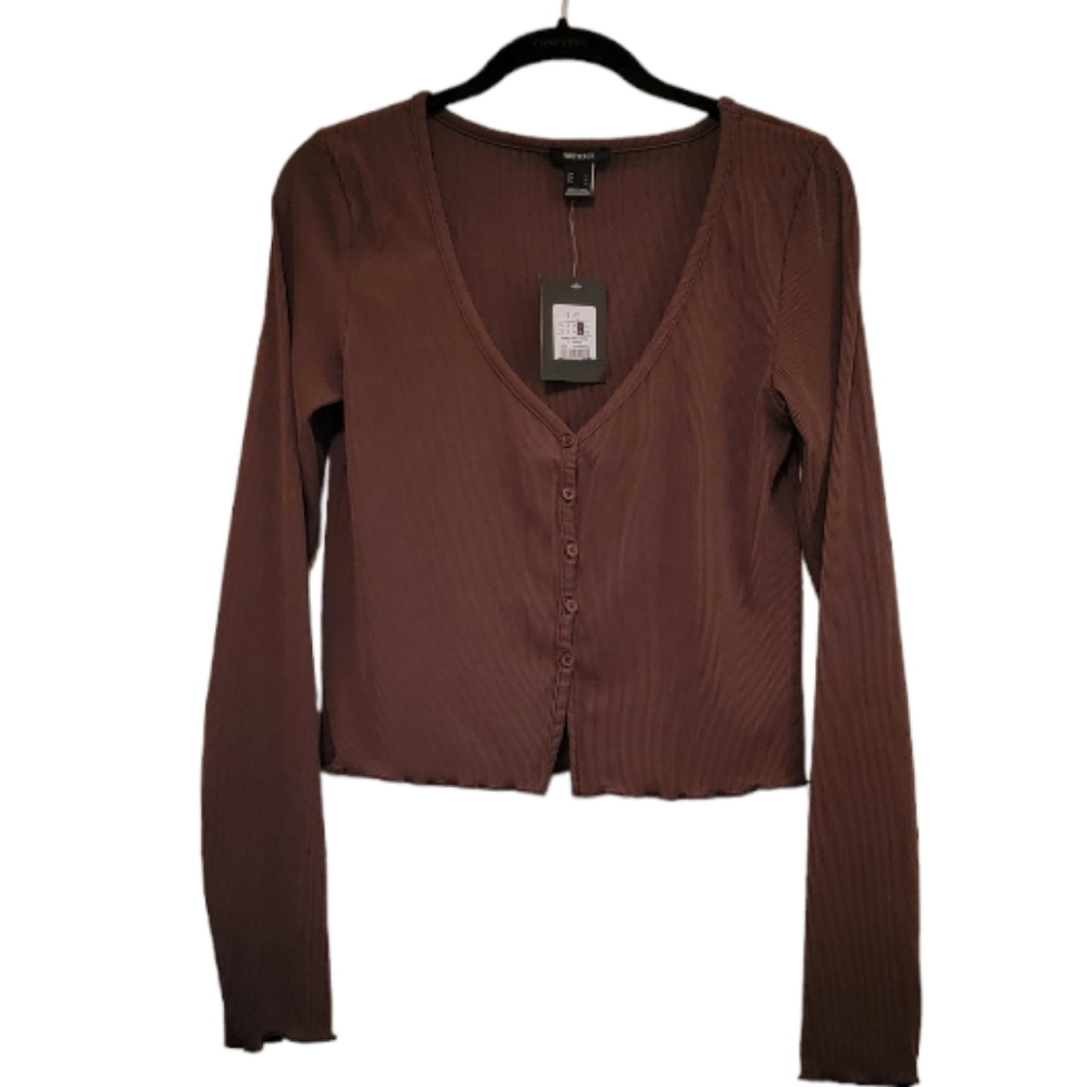 Dark Brown Forever 21 Women's Lettuce Edge Button Front Crop Top